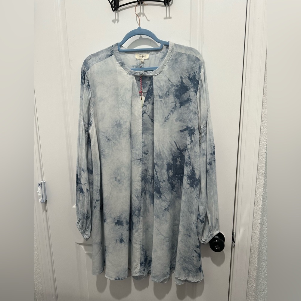 NWT Umgee Blue Tie-Dye Long Sleeve Tunic or mini dress SZ L